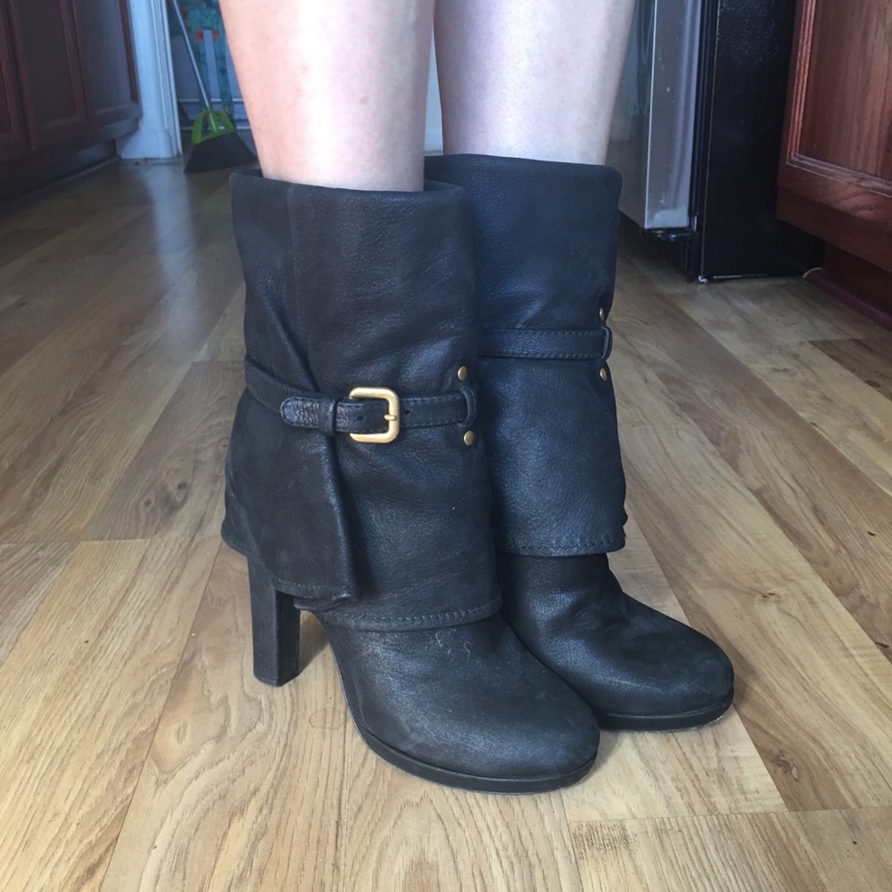 PRADA black leather boots, gold buckles, 38.5